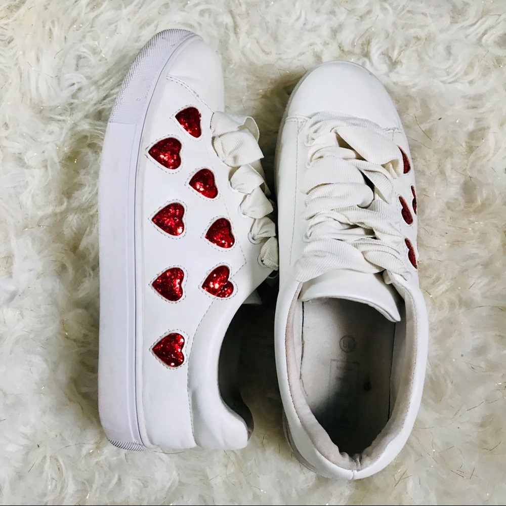 White Sneakers w/ Glittery Hearts